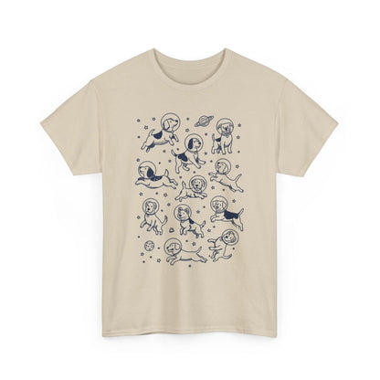 Sand space dogs astronaut graphic tee with navy astronaut dog print, front view