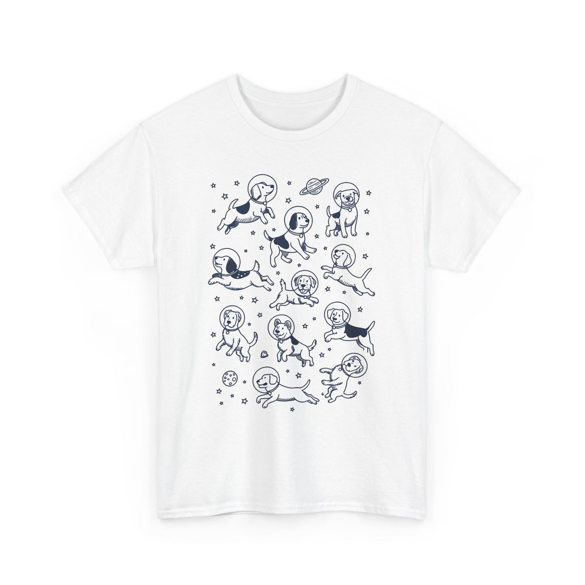 White space dogs astronaut graphic tee with navy line-art dogs in space helmets, front view