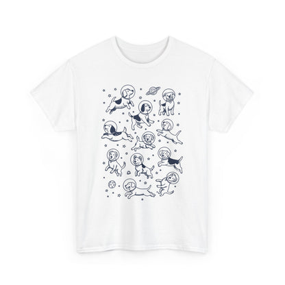 White space dogs astronaut graphic tee with navy line-art dogs in space helmets, front view