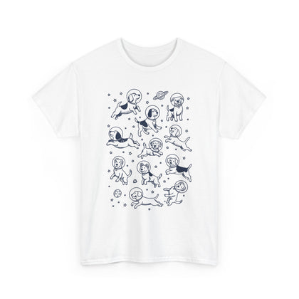 White space dogs astronaut graphic tee with navy line-art dogs in space helmets, front view