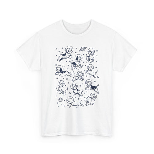 White space dogs astronaut graphic tee with navy line-art dogs in space helmets, front view