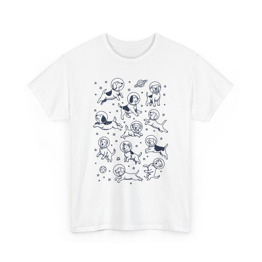 White space dogs astronaut graphic tee with navy line-art dogs in space helmets, front view