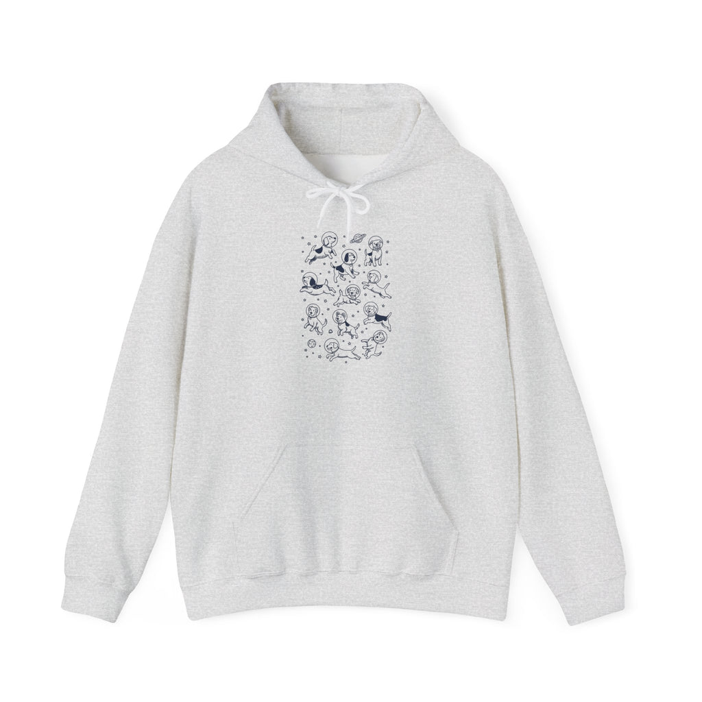 Ash grey space dogs astronaut hoodie with navy line-art dogs floating among stars