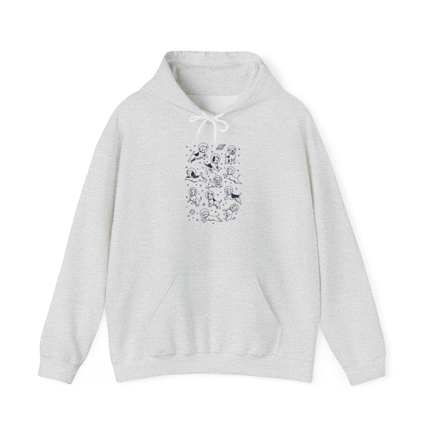 Ash grey space dogs astronaut hoodie with navy line-art dogs floating among stars