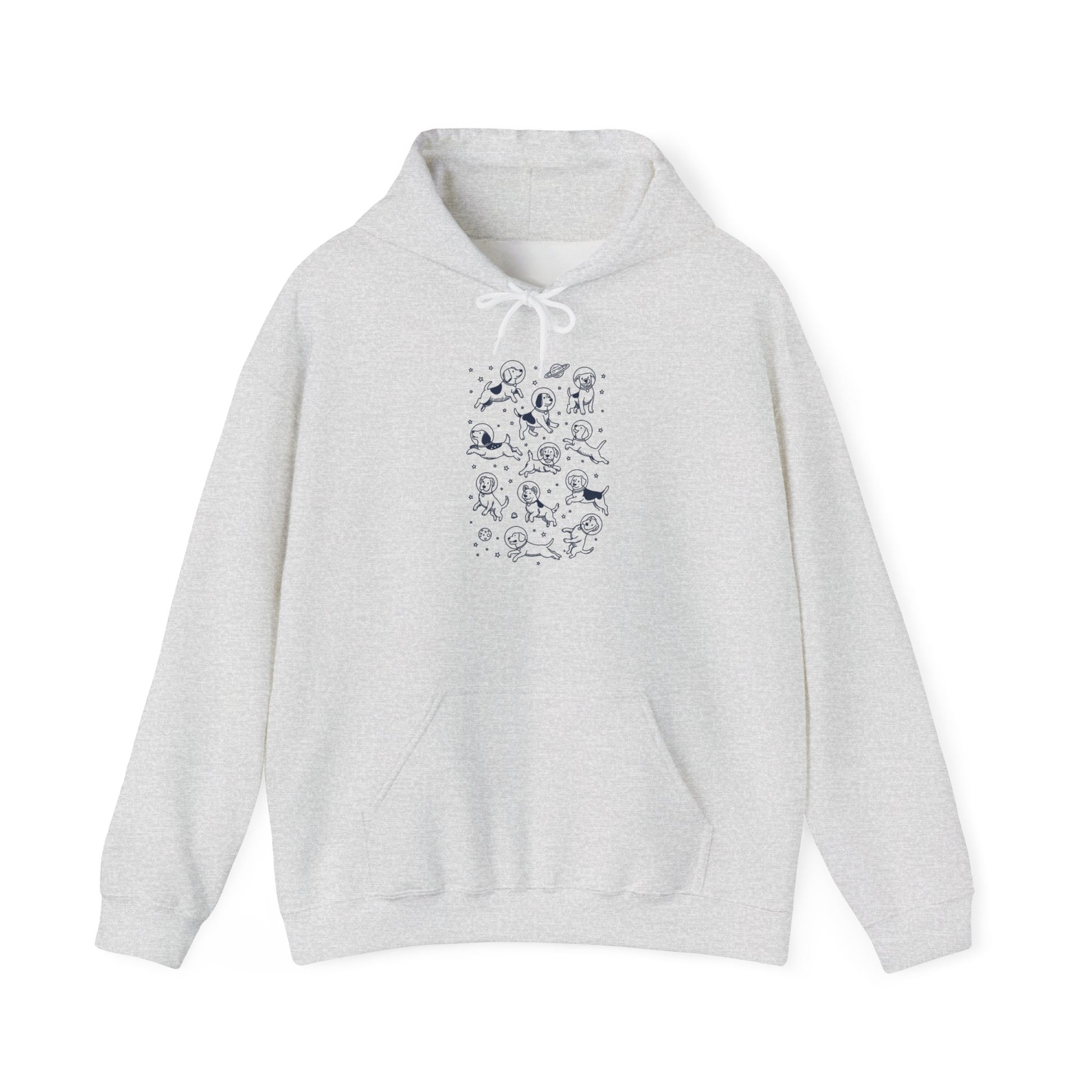 Ash grey space dogs astronaut hoodie with navy line-art dogs floating among stars