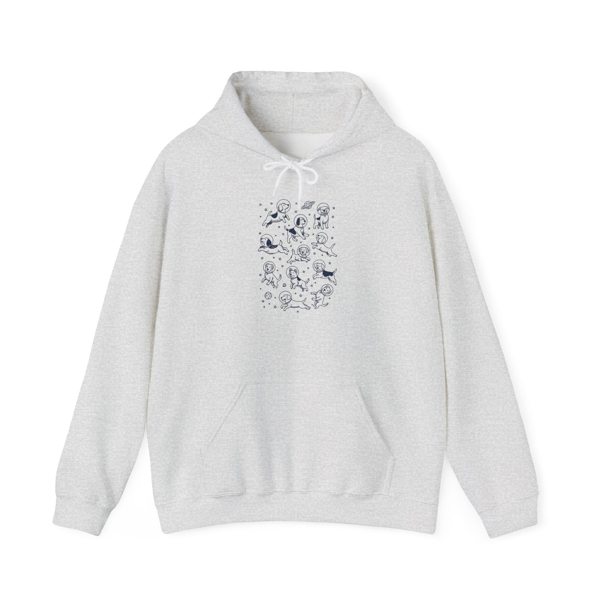 Ash grey space dogs astronaut hoodie with navy line-art dogs floating among stars