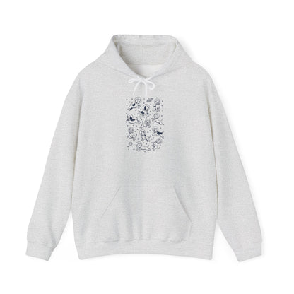 Ash grey space dogs astronaut hoodie with navy line-art dogs floating among stars