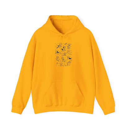 Gold space dogs astronaut hoodie with navy line-art dogs in space helmets