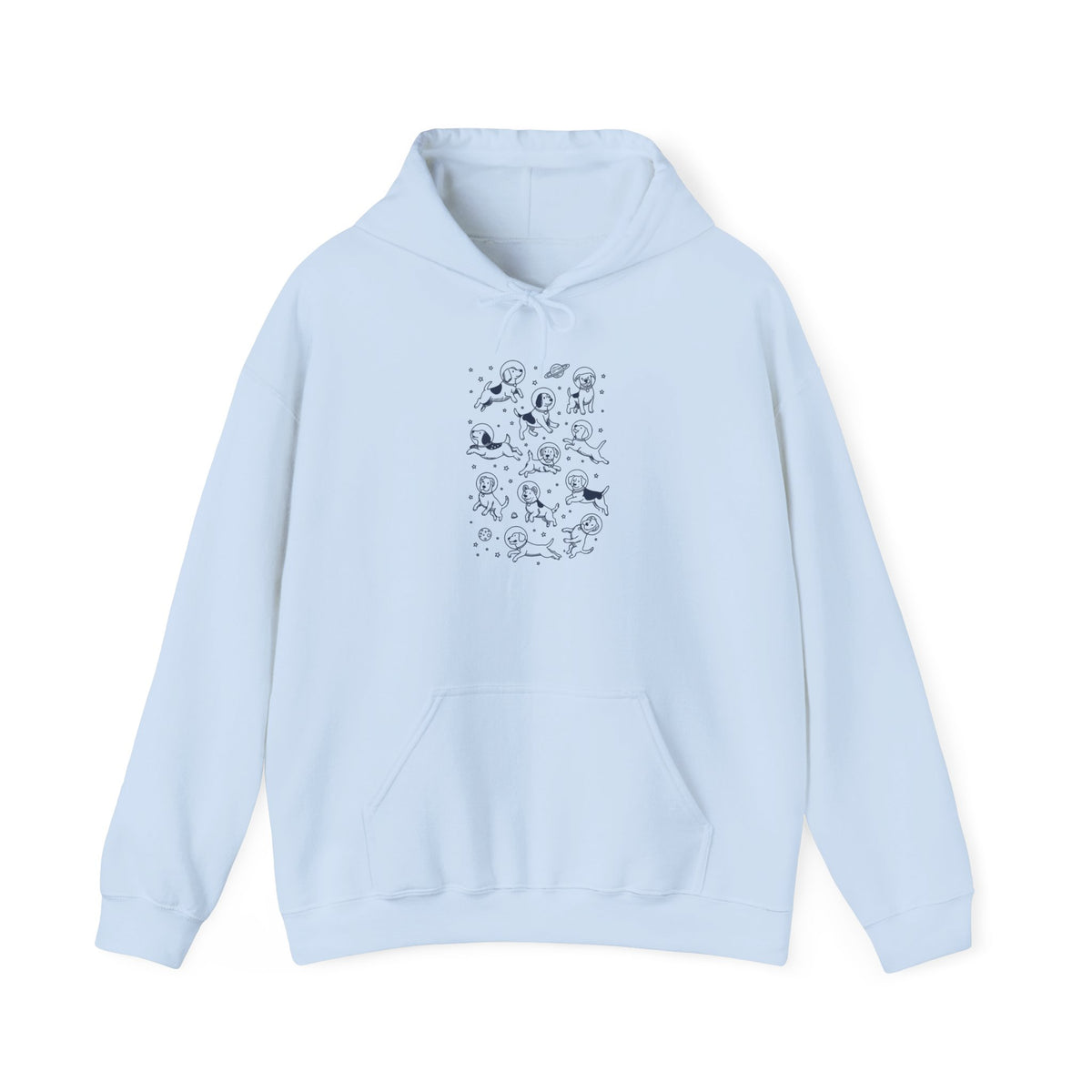 Light blue space dogs astronaut hoodie with navy astronaut dog and planet print