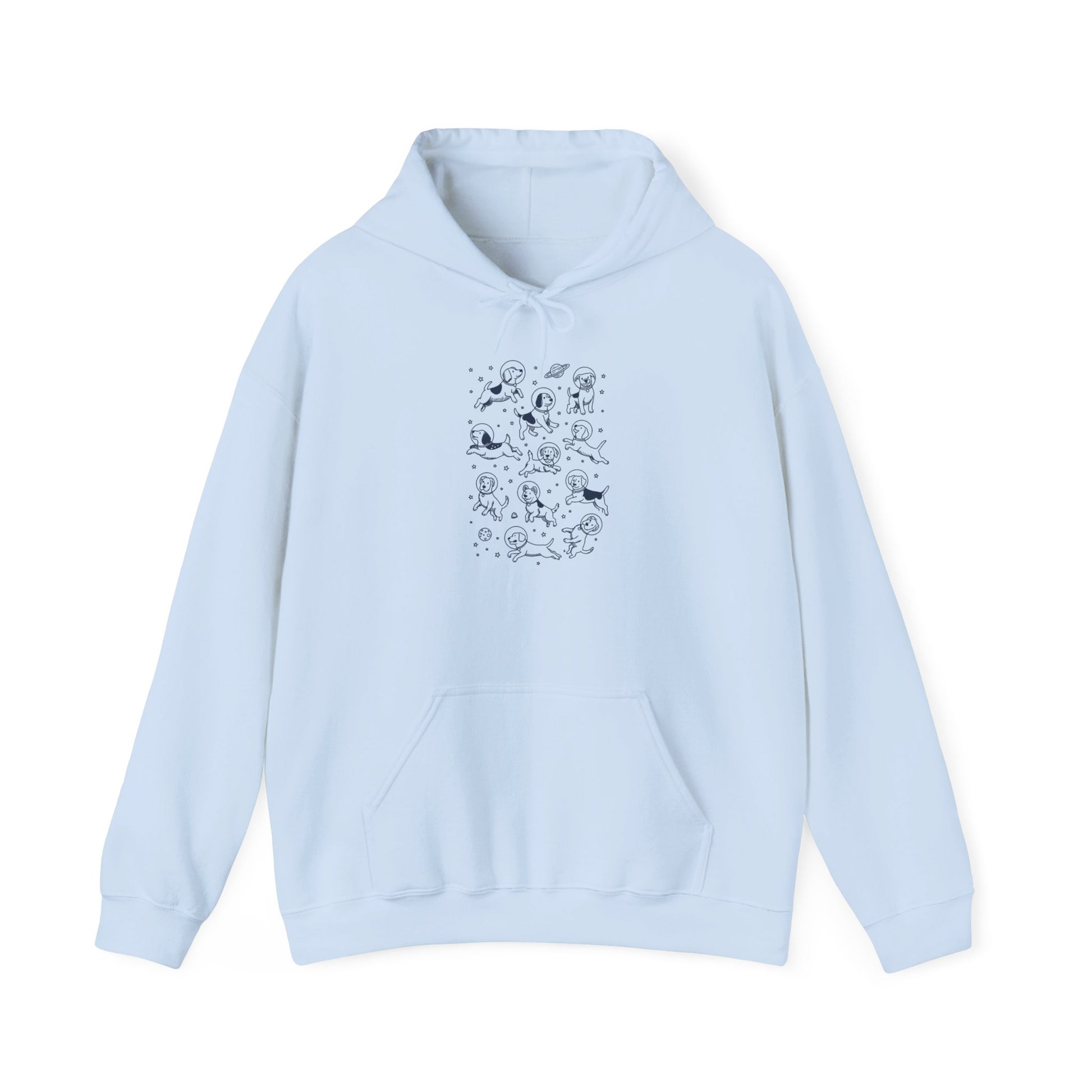 Light blue space dogs astronaut hoodie with navy astronaut dog and planet print