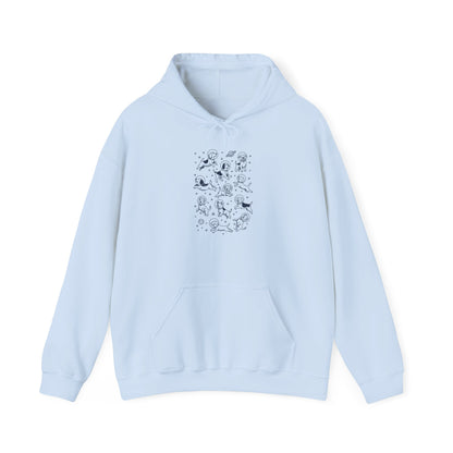 Light blue space dogs astronaut hoodie with navy astronaut dog and planet print