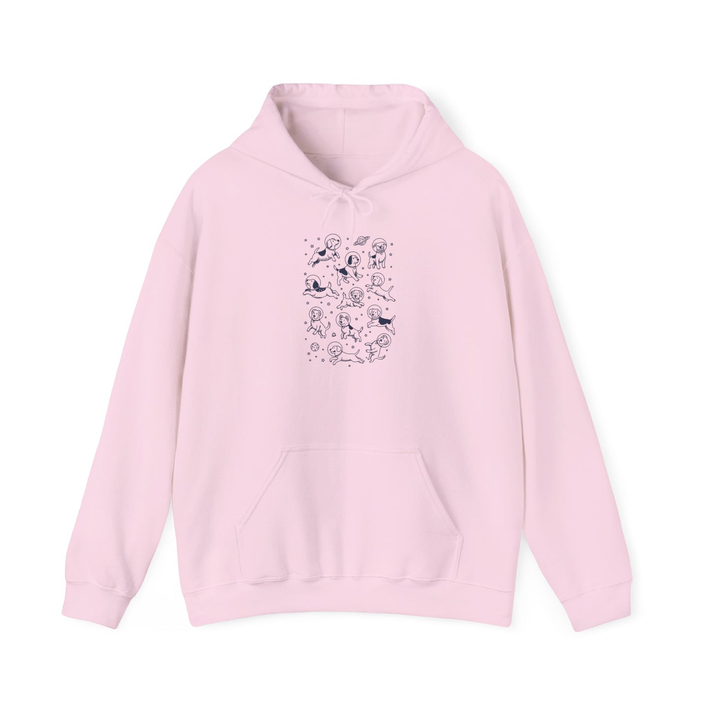 Light pink space dogs astronaut hoodie with navy line-art dogs floating in space