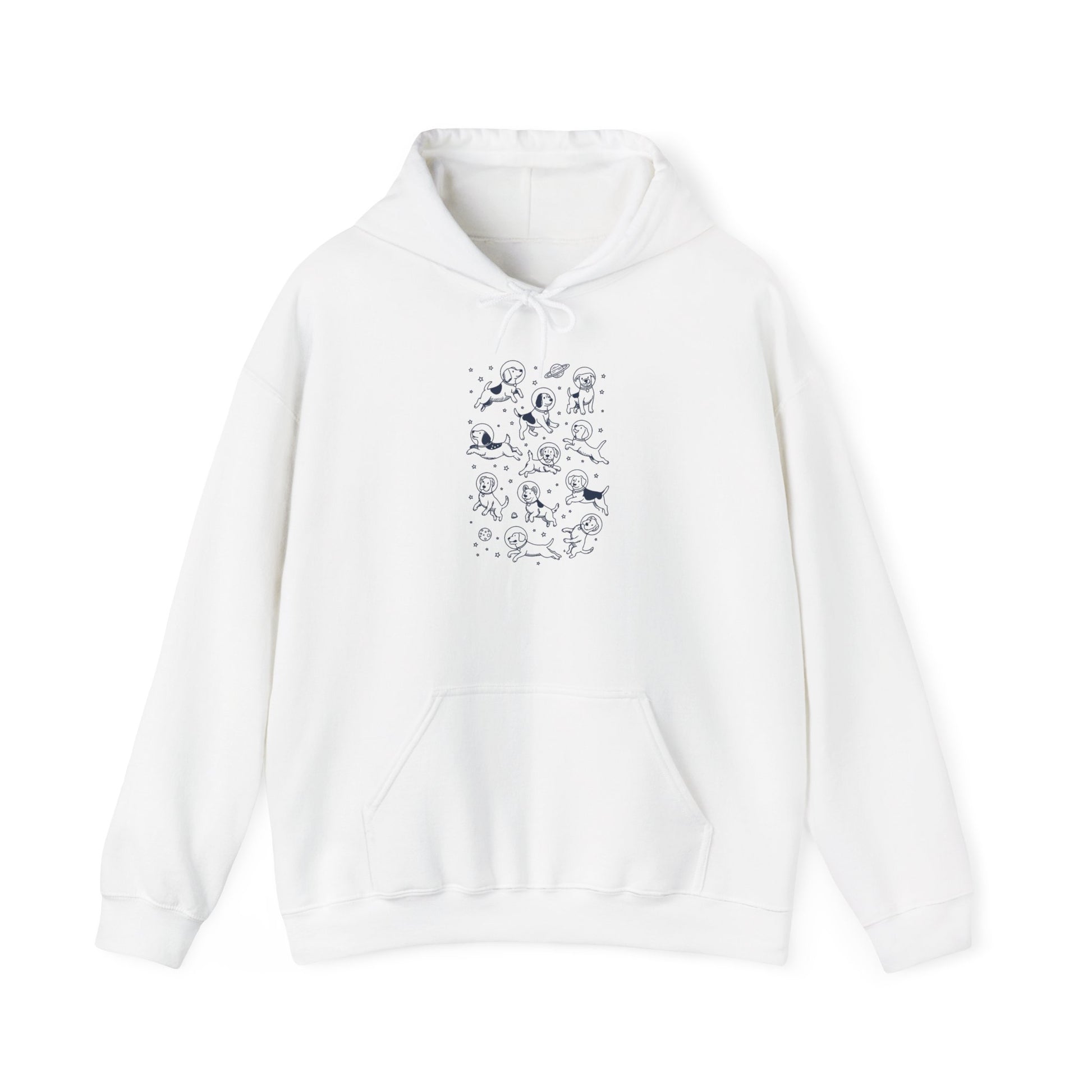 White space dogs astronaut hoodie with navy line-art dogs in space helmets