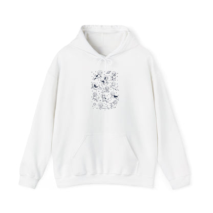 White space dogs astronaut hoodie with navy line-art dogs in space helmets