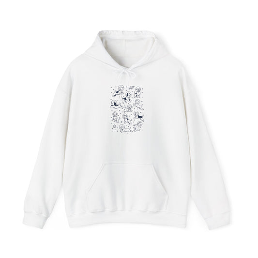 White space dogs astronaut hoodie with navy line-art dogs in space helmets