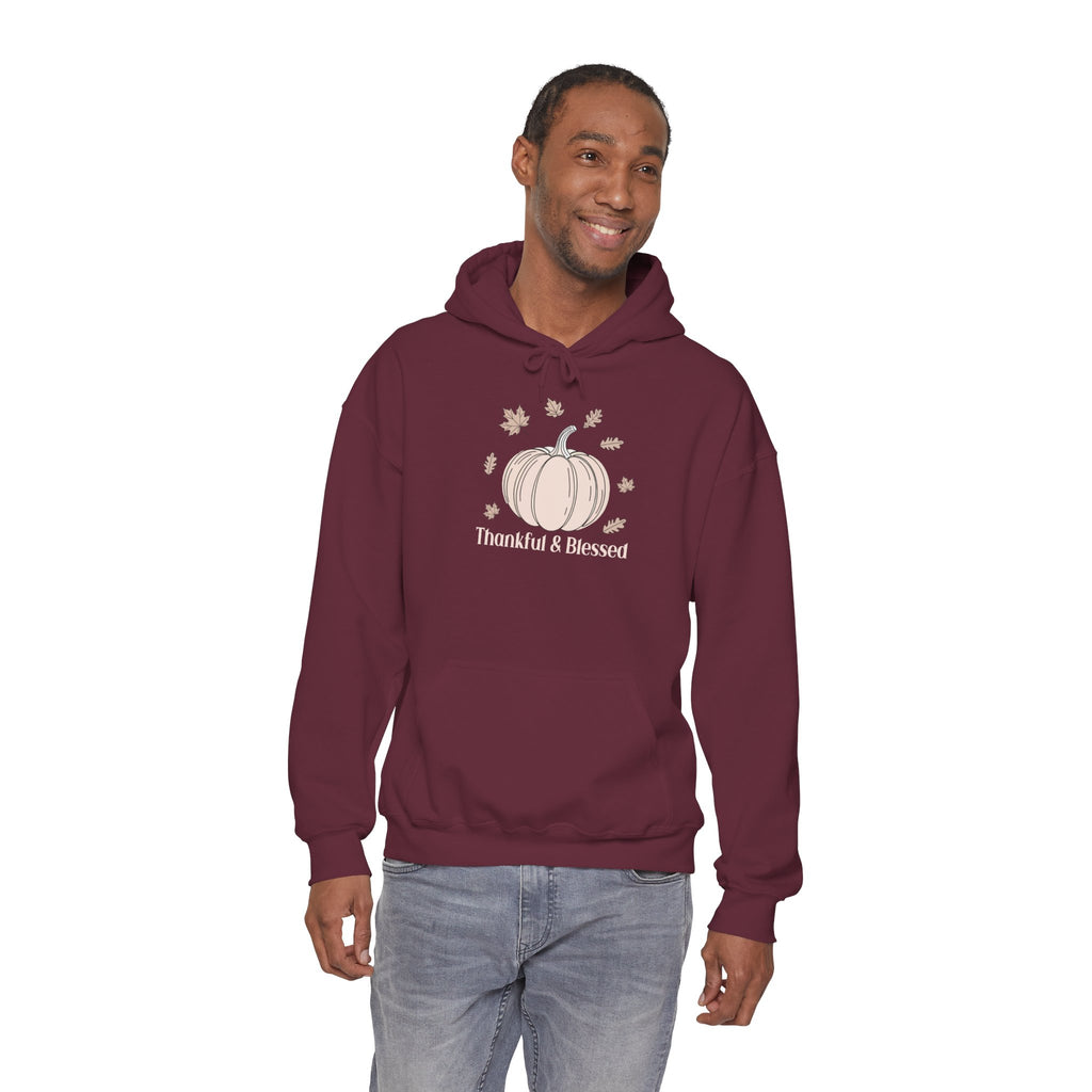 Model wearing the maroon Thankful & Blessed Pumpkin Hoodie