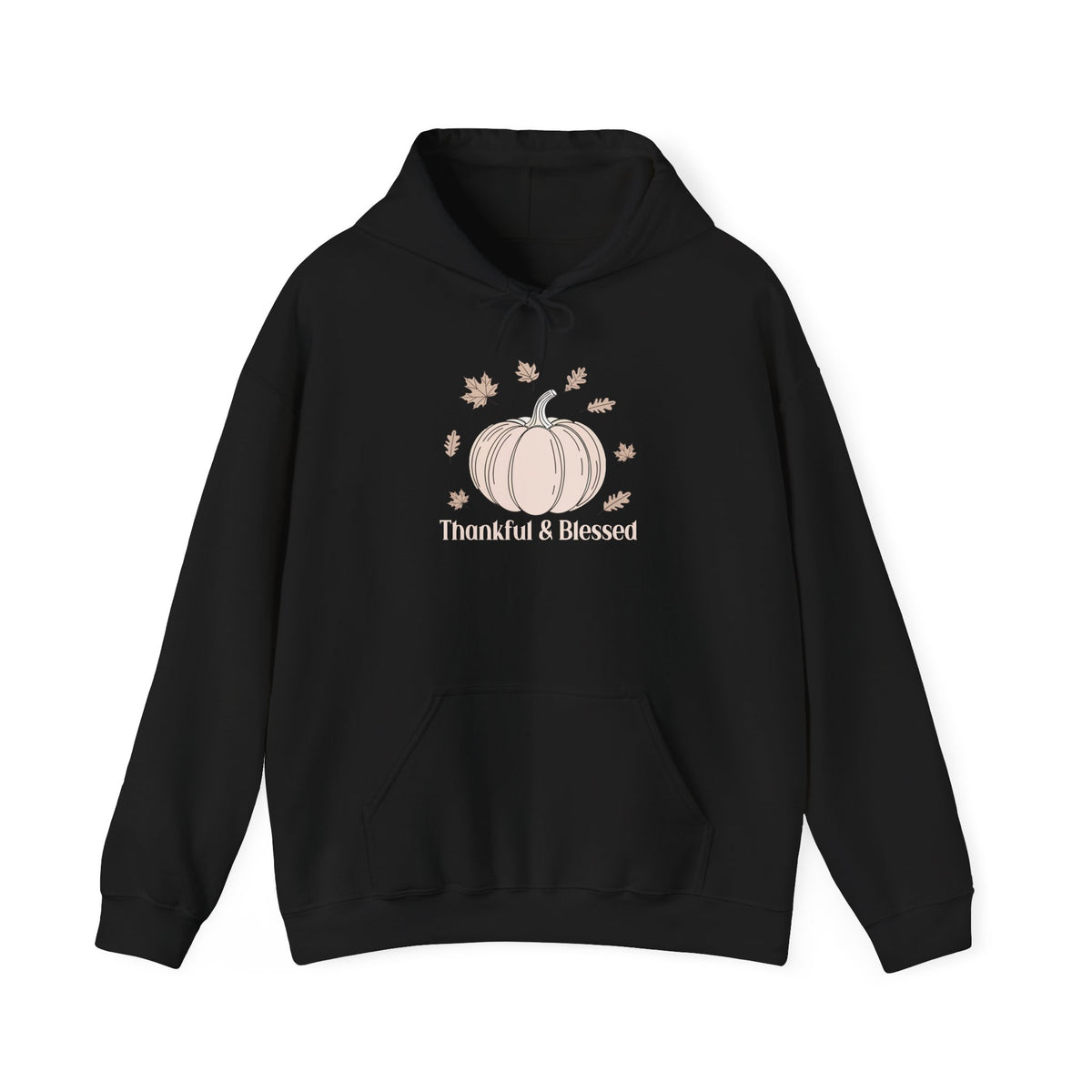 Black Thankful & Blessed hoodie with a cream pumpkin and falling autumn leaves, front view