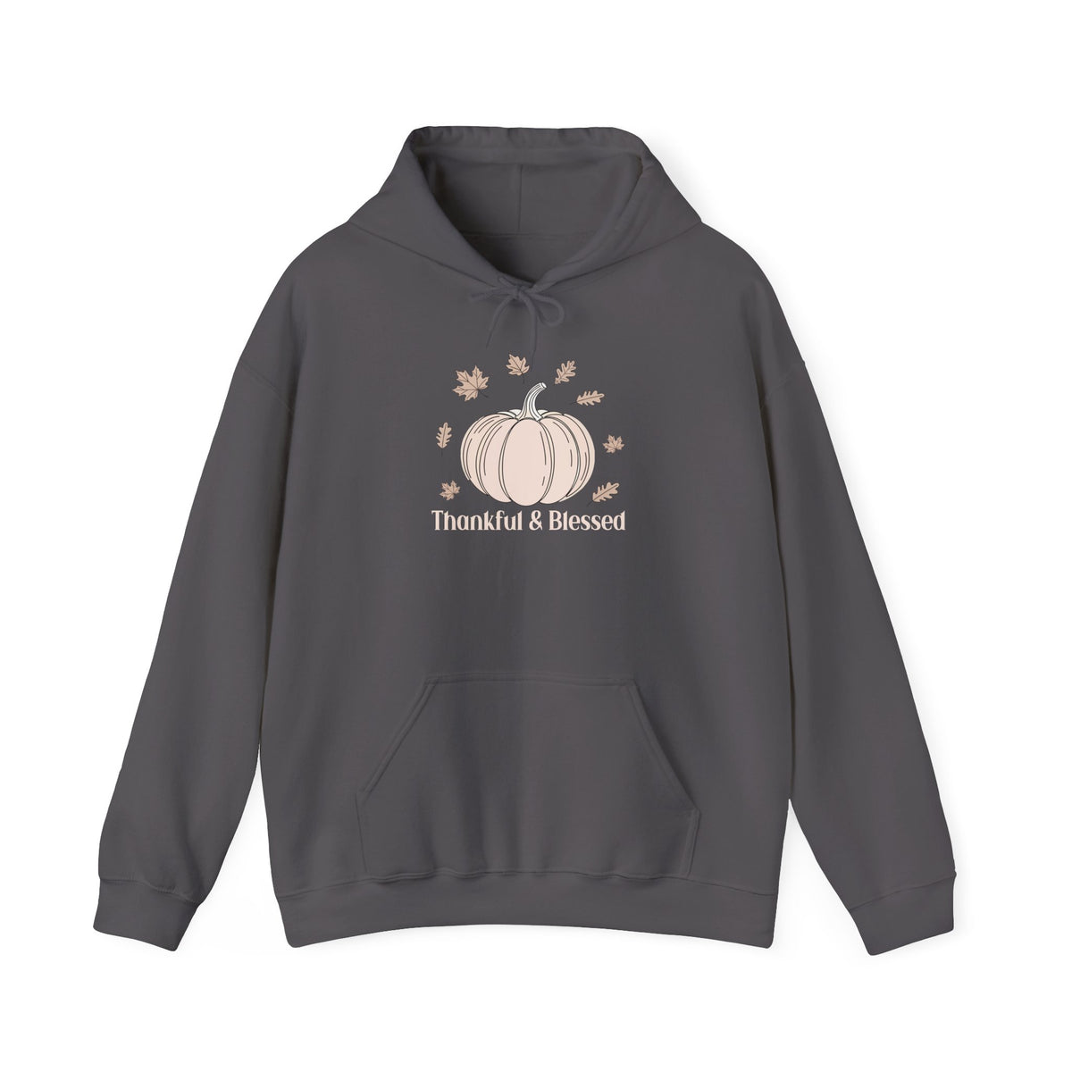Charcoal Thankful & Blessed hoodie with a cream pumpkin and falling autumn leaves, front view