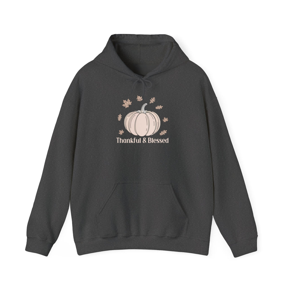 Dark Heather Thankful & Blessed hoodie with a cream pumpkin and falling autumn leaves, front view
