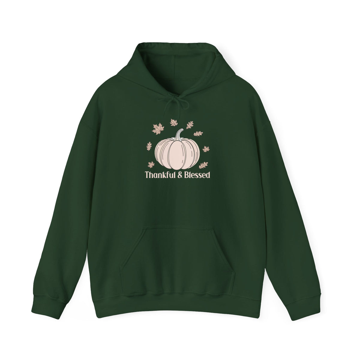 Forest Green Thankful & Blessed hoodie with a cream pumpkin and falling autumn leaves, front view