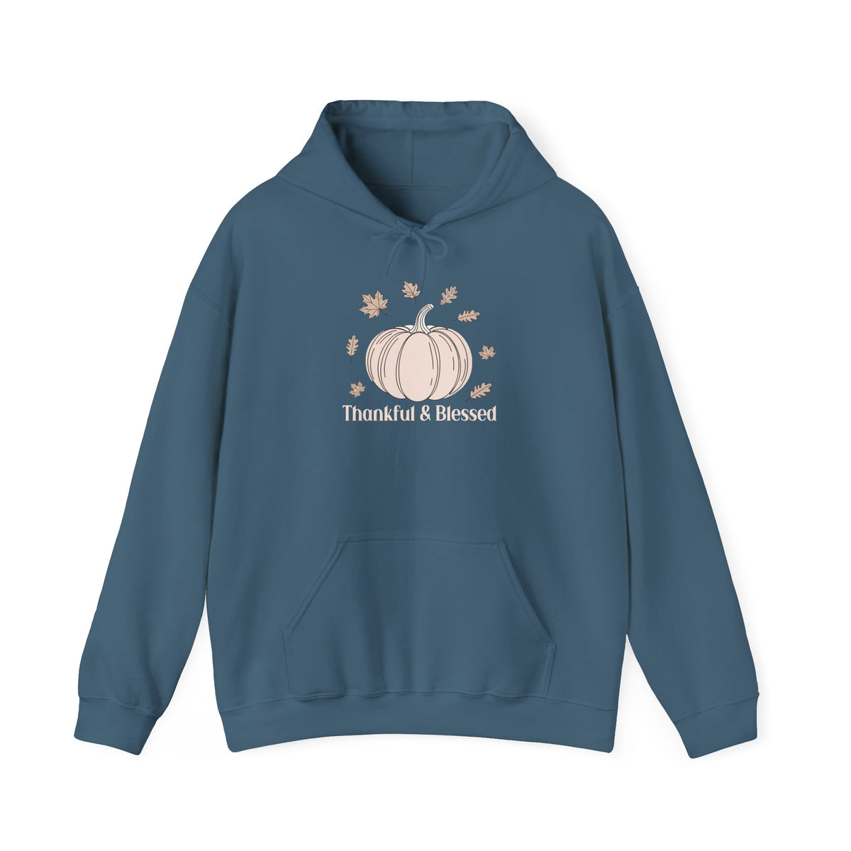 Indigo Blue Thankful & Blessed hoodie with a cream pumpkin and falling autumn leaves, front view