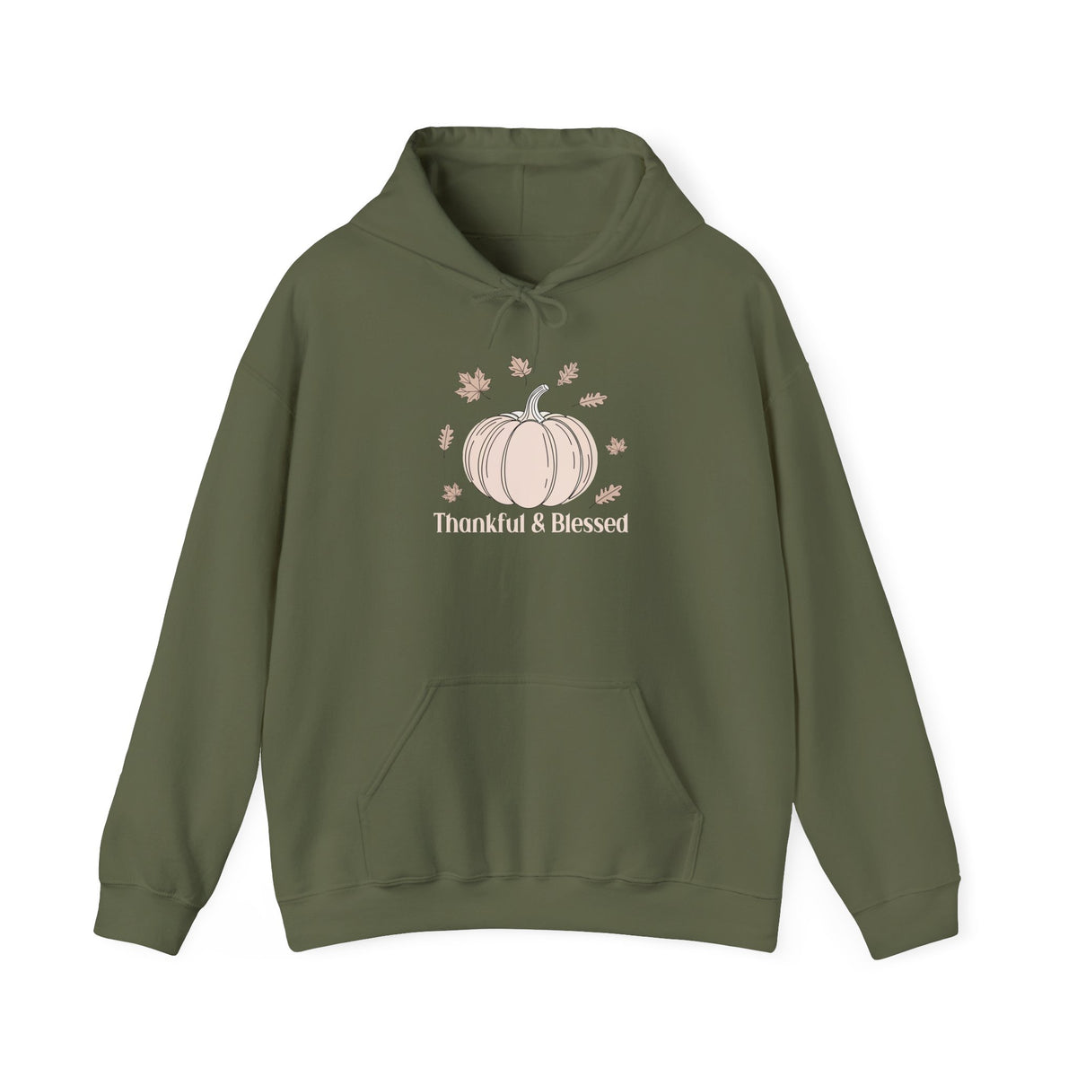 Military Green Thankful & Blessed hoodie with a cream pumpkin and falling autumn leaves, front view