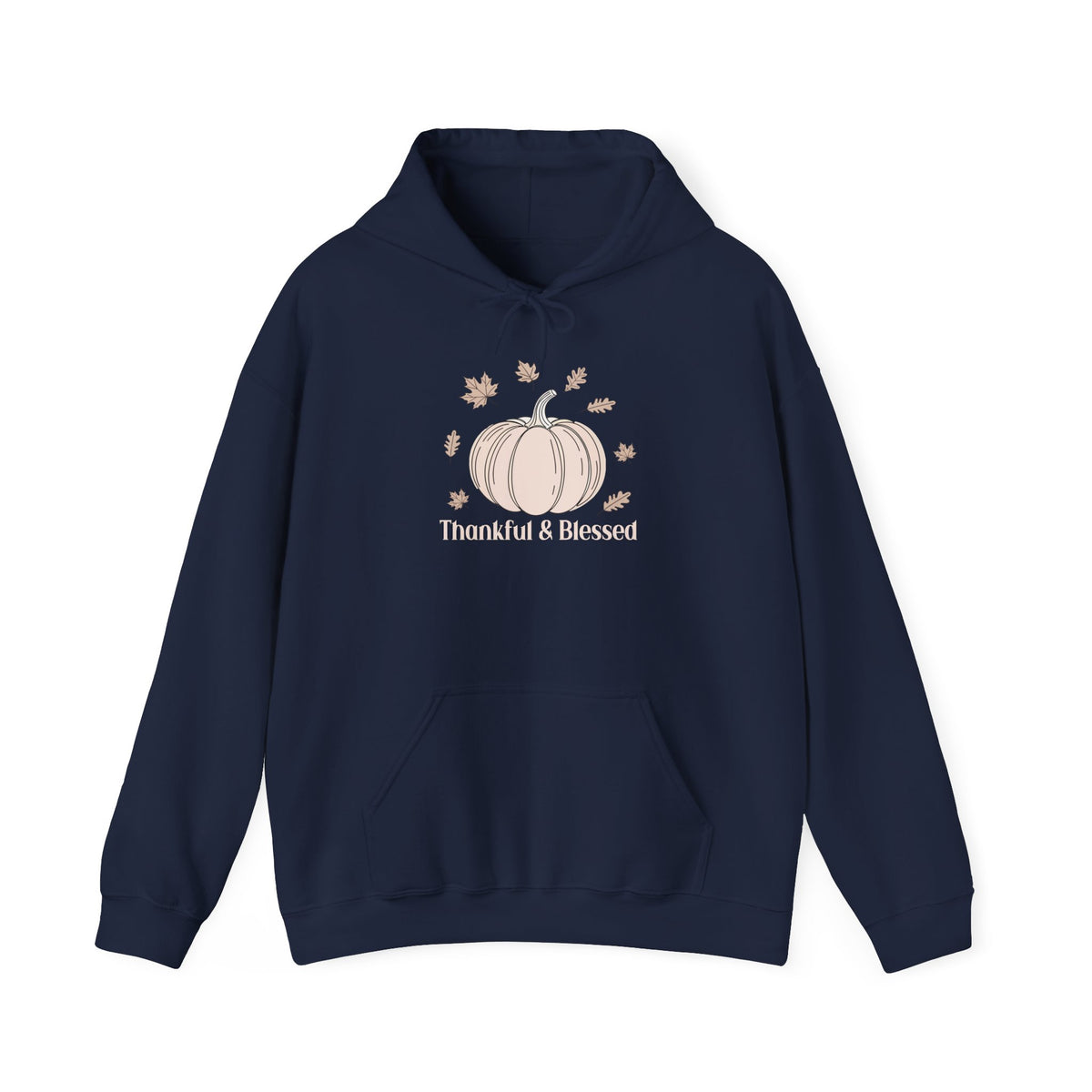Navy Thankful & Blessed hoodie with a cream pumpkin and falling autumn leaves, front view