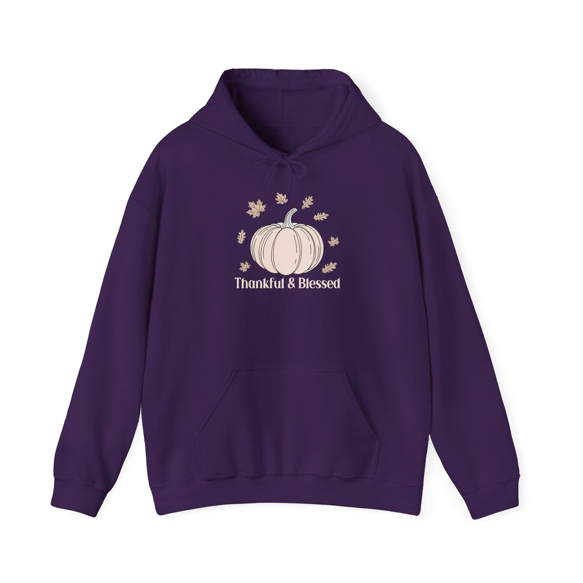 Purple Thankful & Blessed hoodie with a cream pumpkin and falling autumn leaves, front view