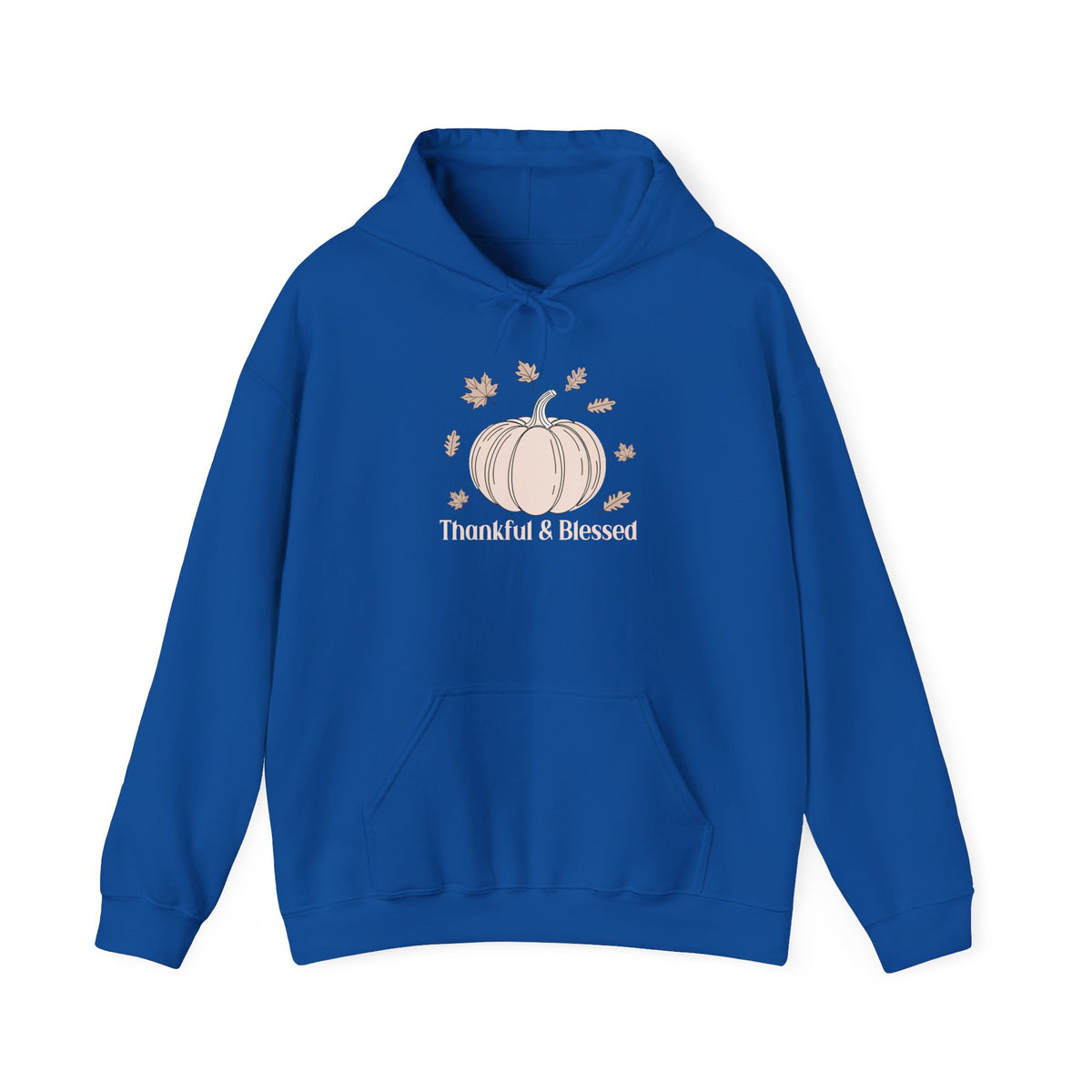 Royal Thankful & Blessed hoodie with a cream pumpkin and falling autumn leaves, front view