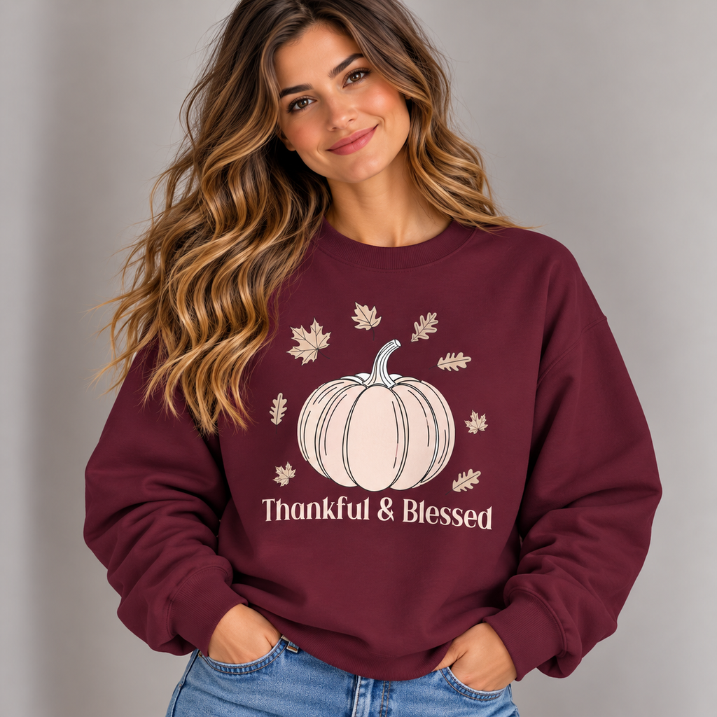 Woman wearing the Maroon Thankful & Blessed Pumpkin Sweatshirt with jeans