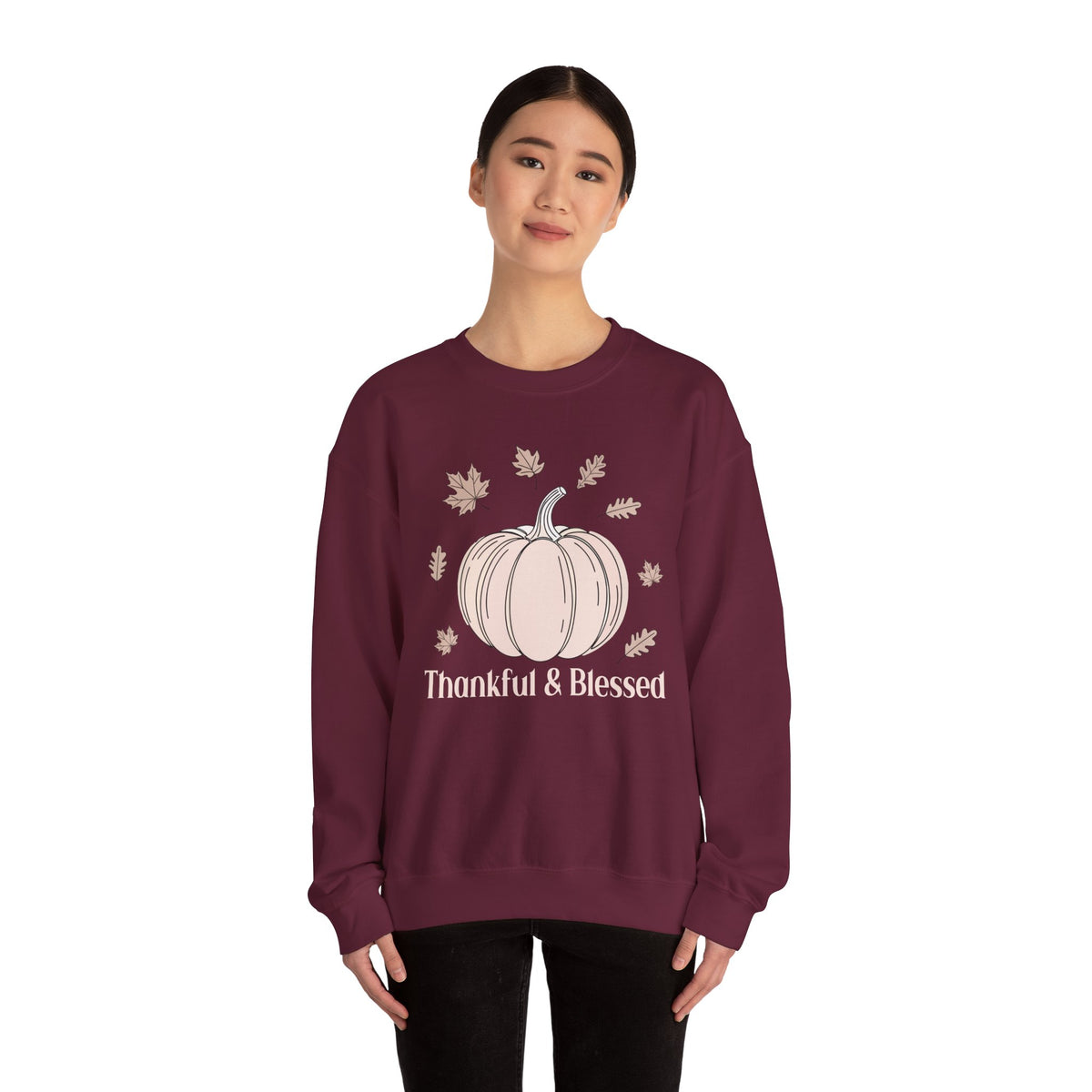 Model wearing the maroon Thankful & Blessed Pumpkin Sweatshirt