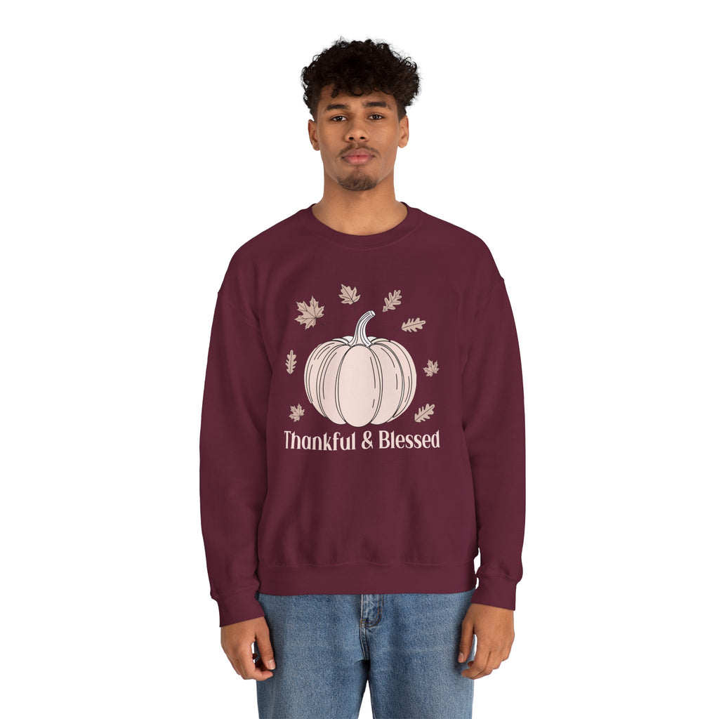 Model wearing the maroon Thankful & Blessed Pumpkin Sweatshirt