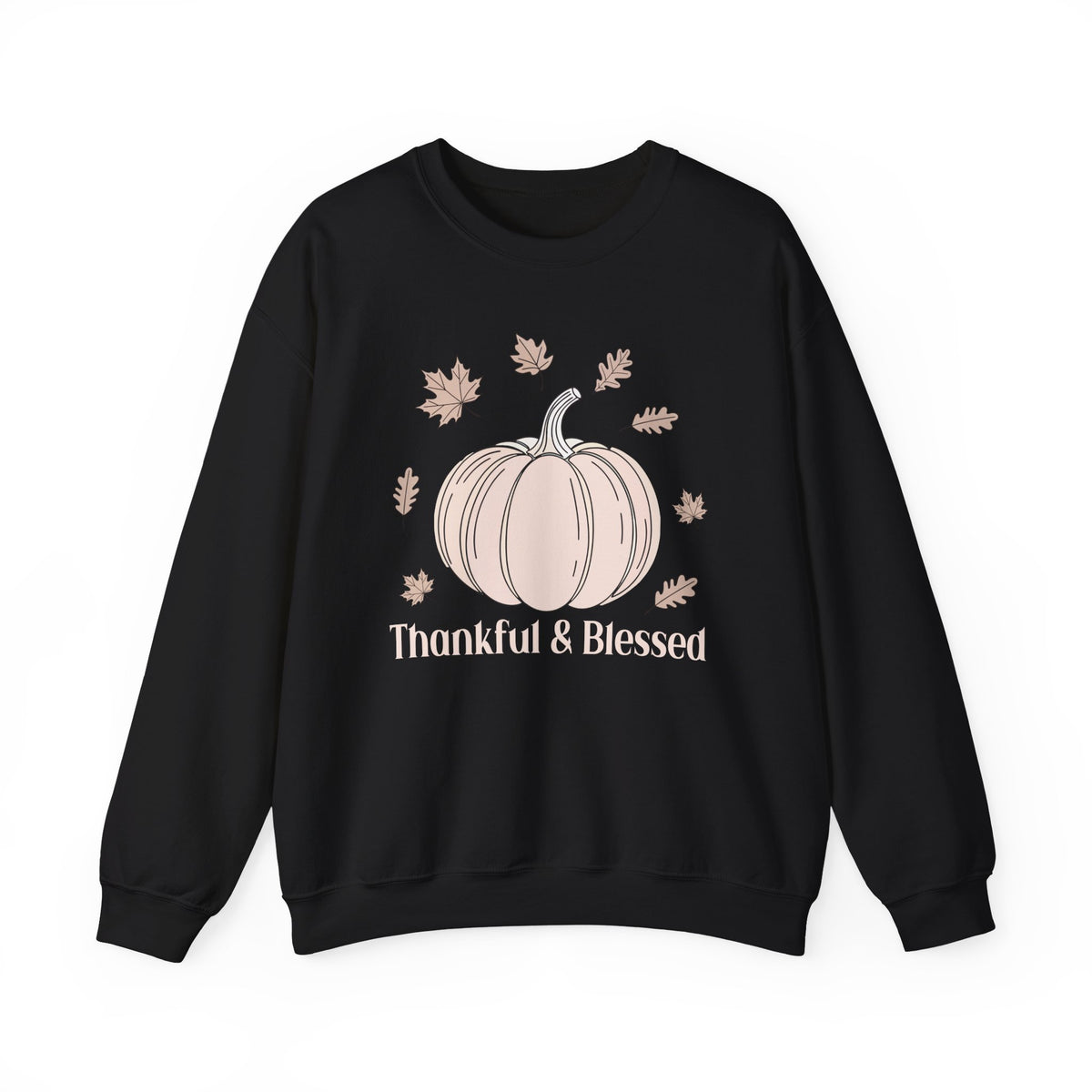 Black Thankful & Blessed sweatshirt with a cream pumpkin and falling autumn leaves, front view