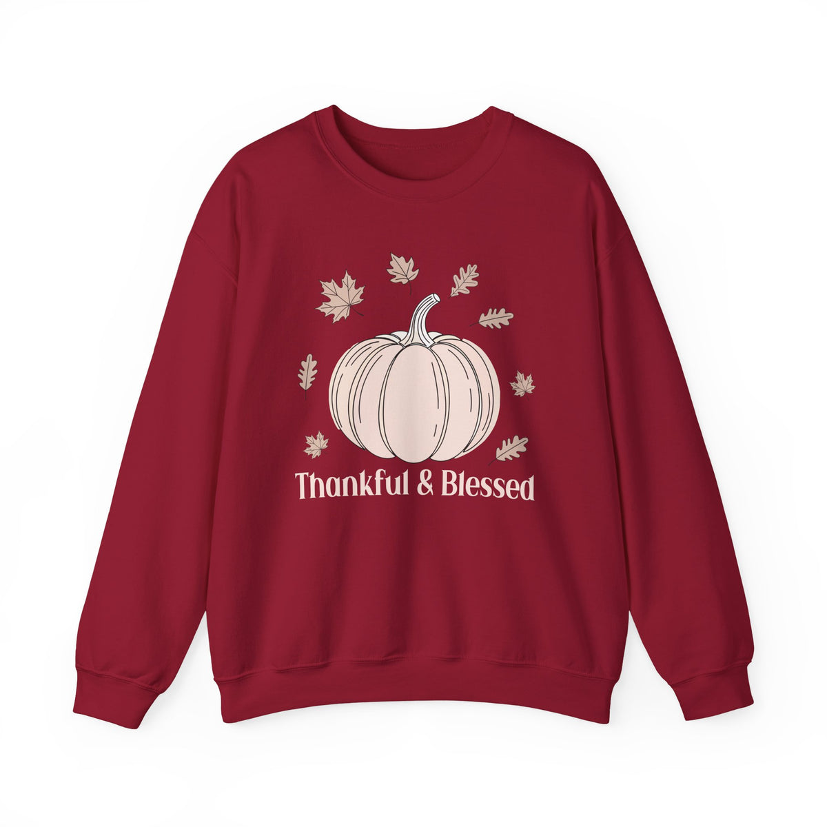 Cardinal Red Thankful & Blessed sweatshirt with a cream pumpkin and falling autumn leaves, front view