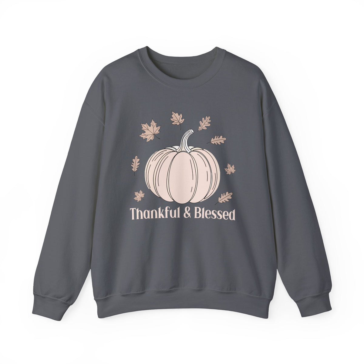 Charcoal Thankful & Blessed sweatshirt with a cream pumpkin and falling autumn leaves, front view