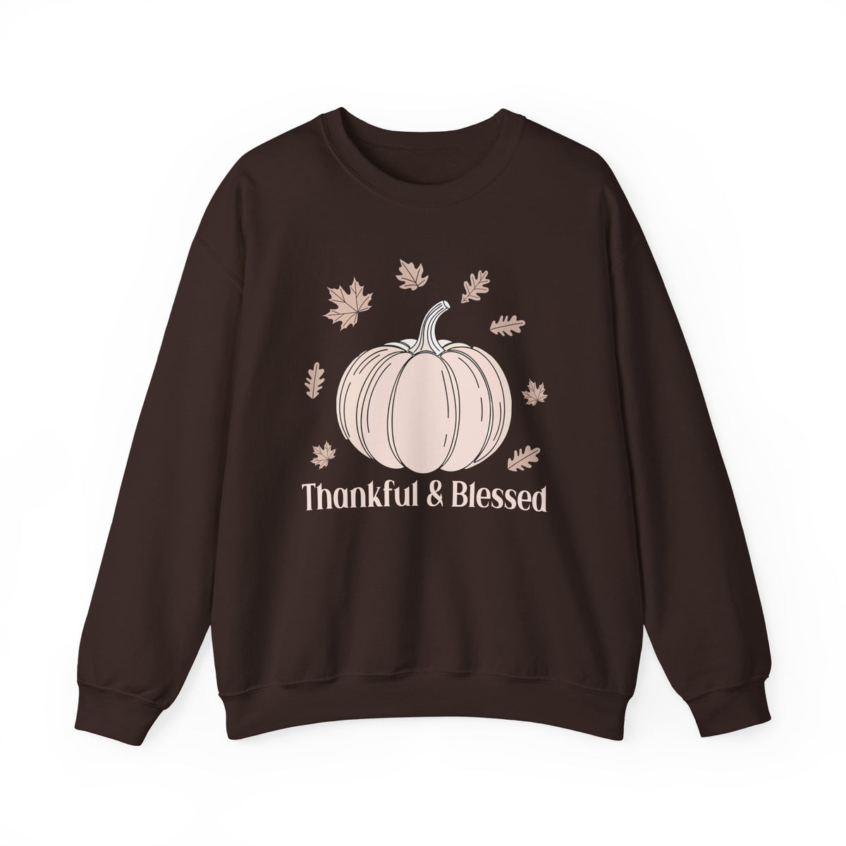 Dark Chocolate Thankful & Blessed sweatshirt with a cream pumpkin and falling autumn leaves, front view