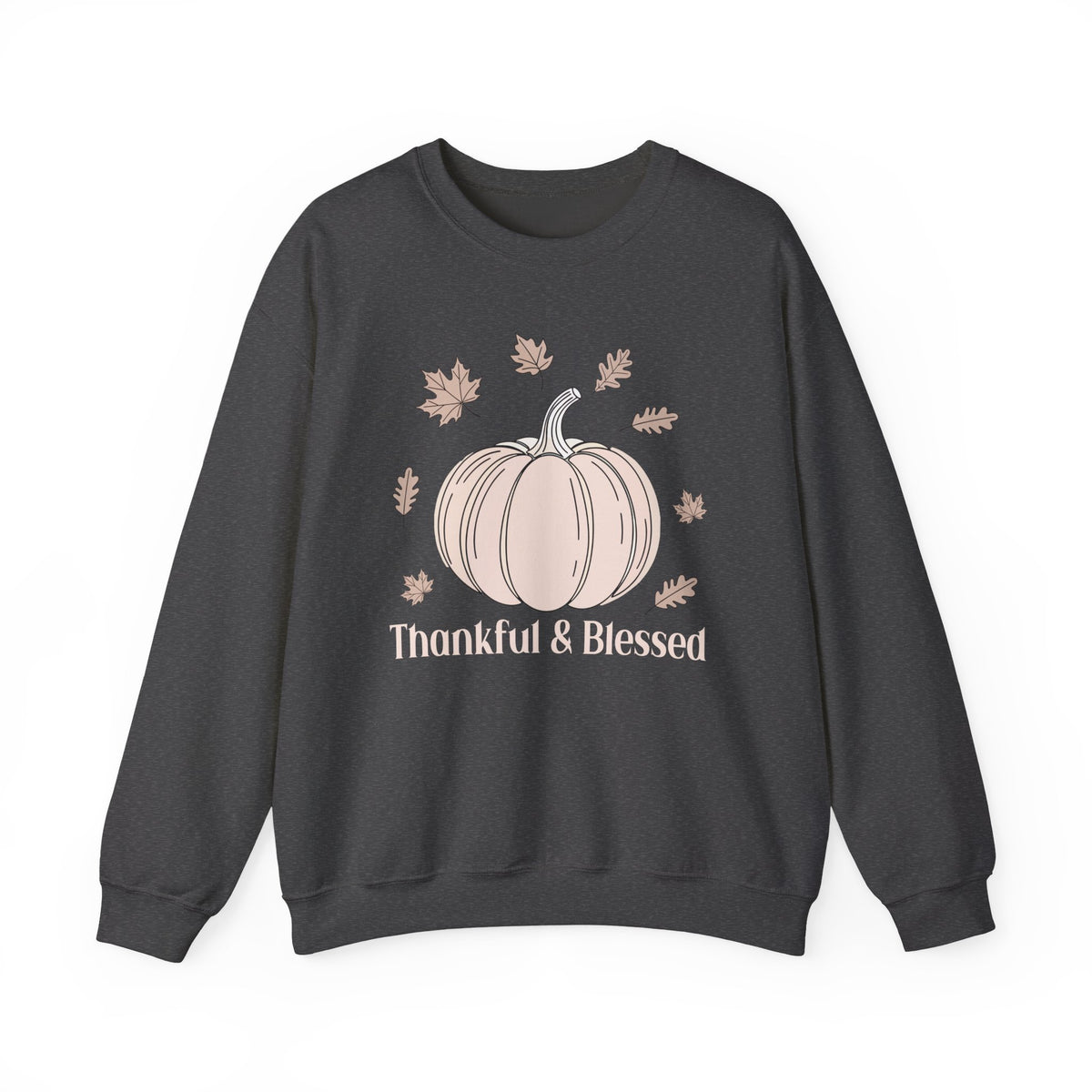 Dark Heather Thankful & Blessed sweatshirt with a cream pumpkin and falling autumn leaves, front view