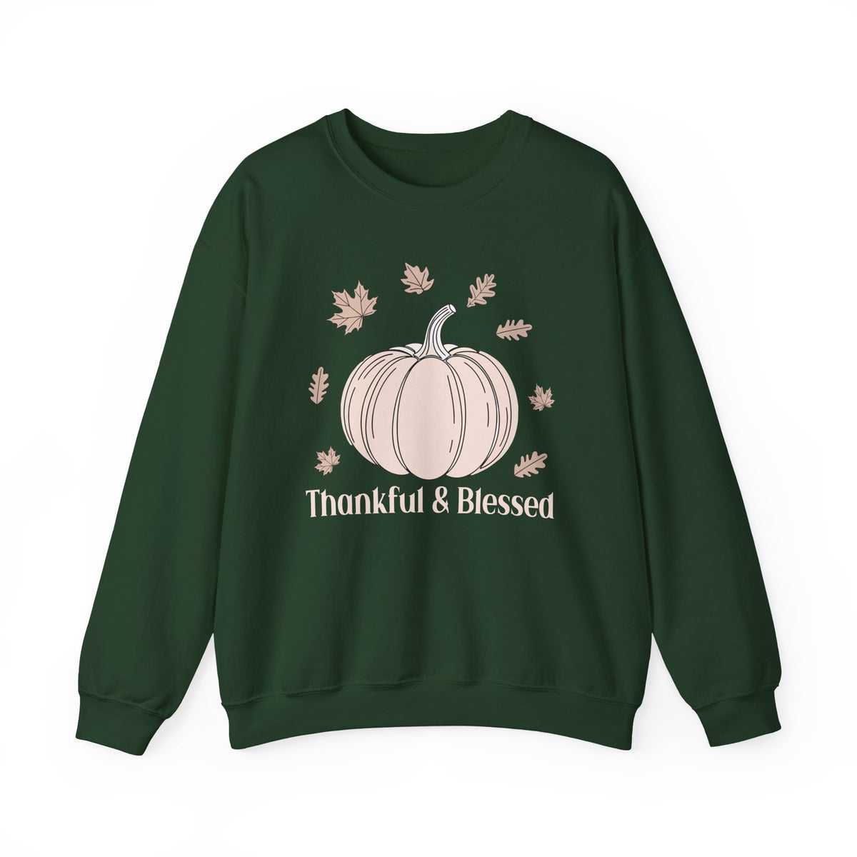 Forest Green Thankful & Blessed sweatshirt with a cream pumpkin and falling autumn leaves, front view