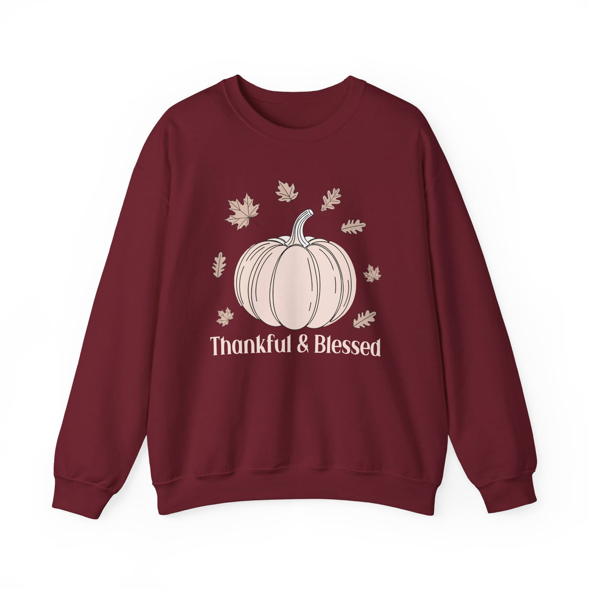 Garnet Thankful & Blessed sweatshirt with a cream pumpkin and falling autumn leaves, front view