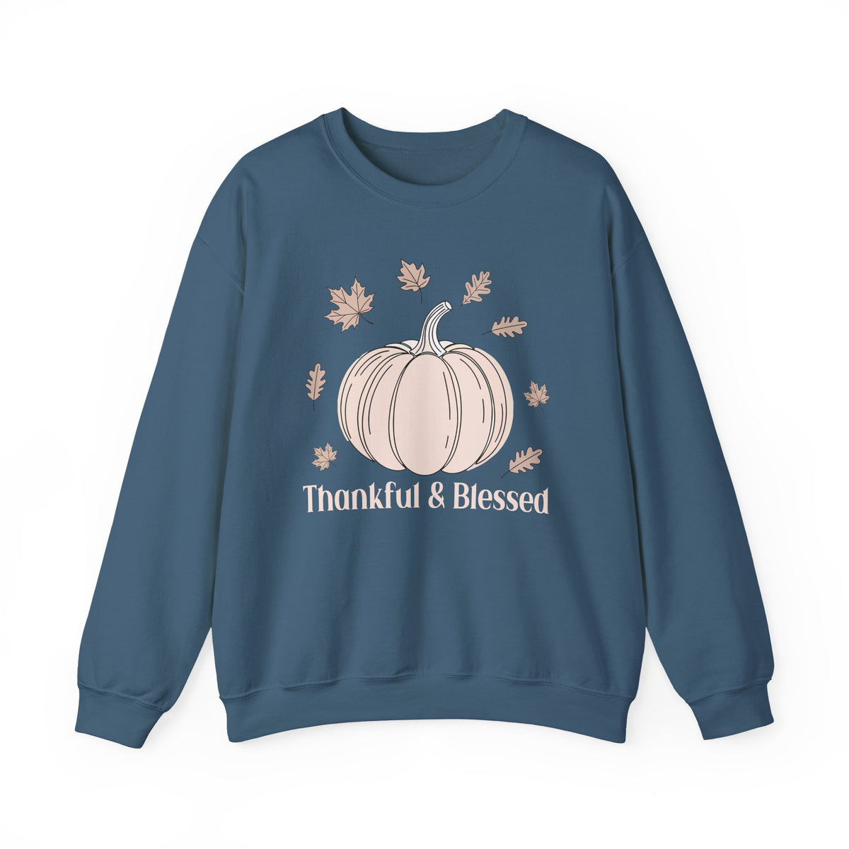 Indigo Blue Thankful & Blessed sweatshirt with a cream pumpkin and falling autumn leaves, front view
