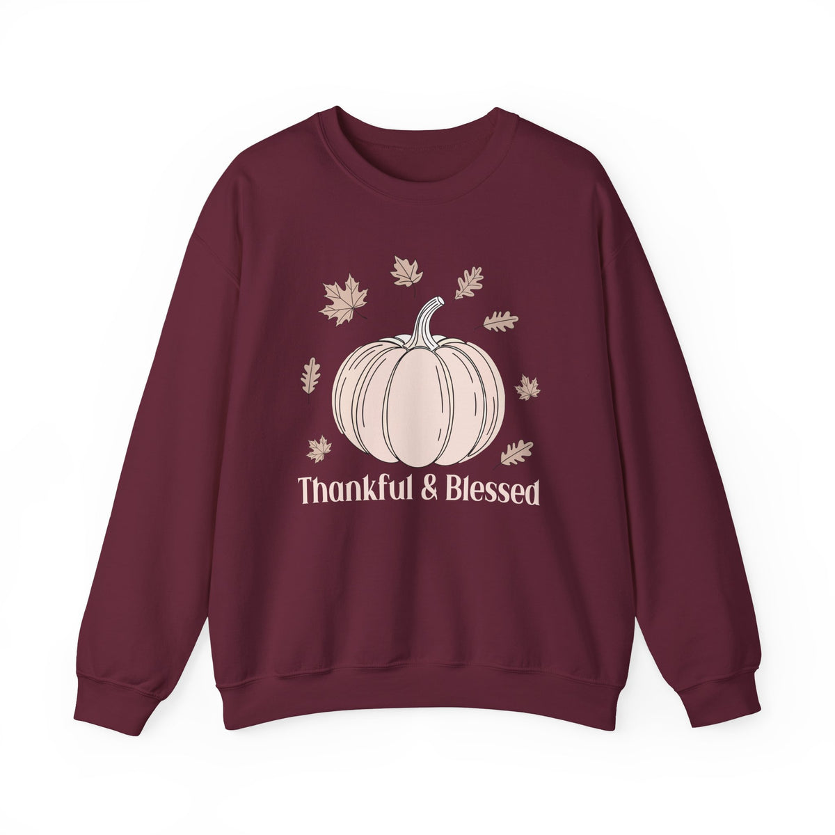 Maroon Thankful & Blessed sweatshirt with a cream pumpkin and falling autumn leaves, front view