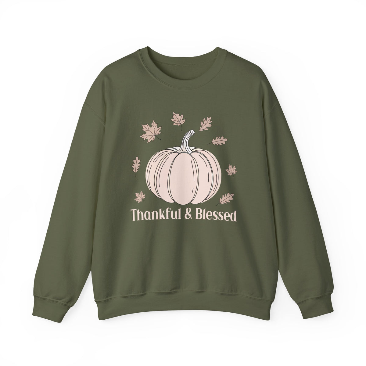 Military Green Thankful & Blessed sweatshirt with a cream pumpkin and falling autumn leaves, front view