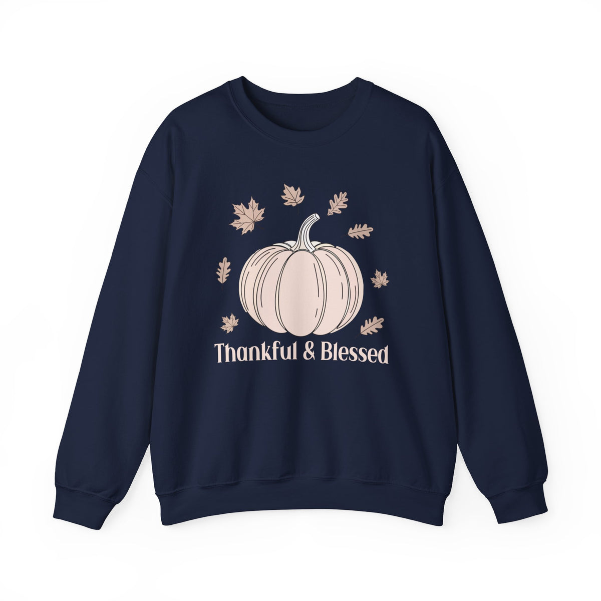Navy Thankful & Blessed sweatshirt with a cream pumpkin and falling autumn leaves, front view