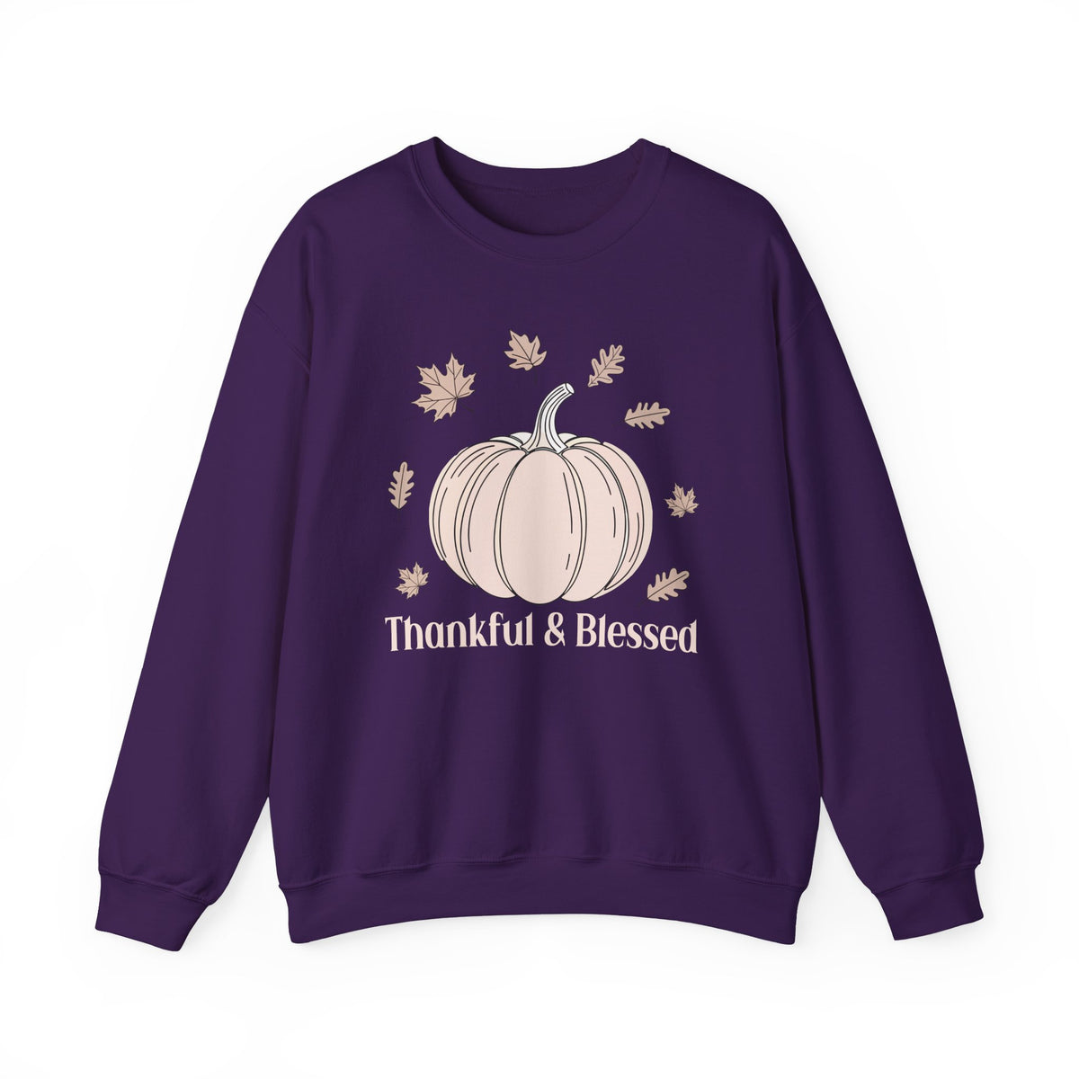 Purple Thankful & Blessed sweatshirt with a cream pumpkin and falling autumn leaves, front view