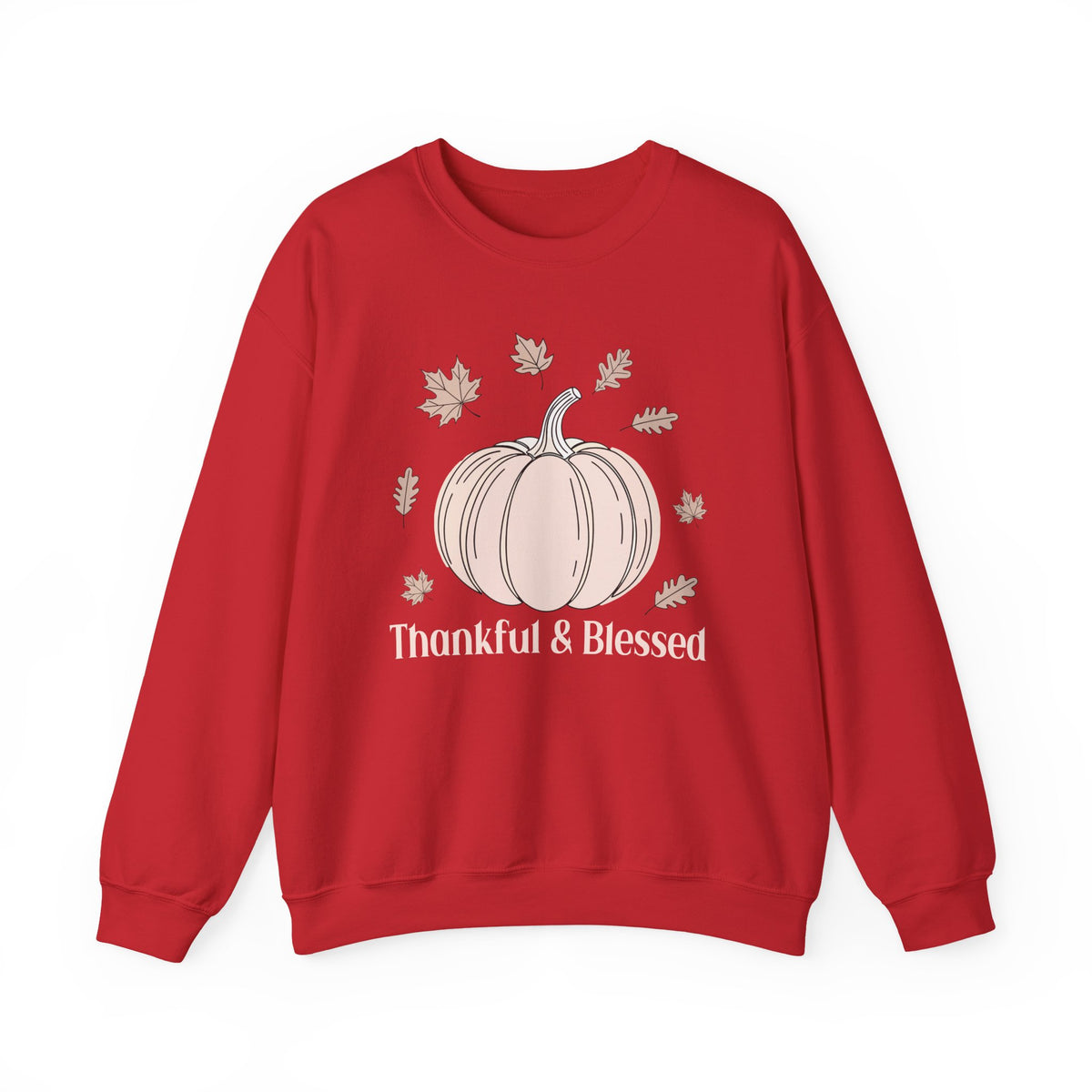 Red Thankful & Blessed sweatshirt with a cream pumpkin and falling autumn leaves, front view