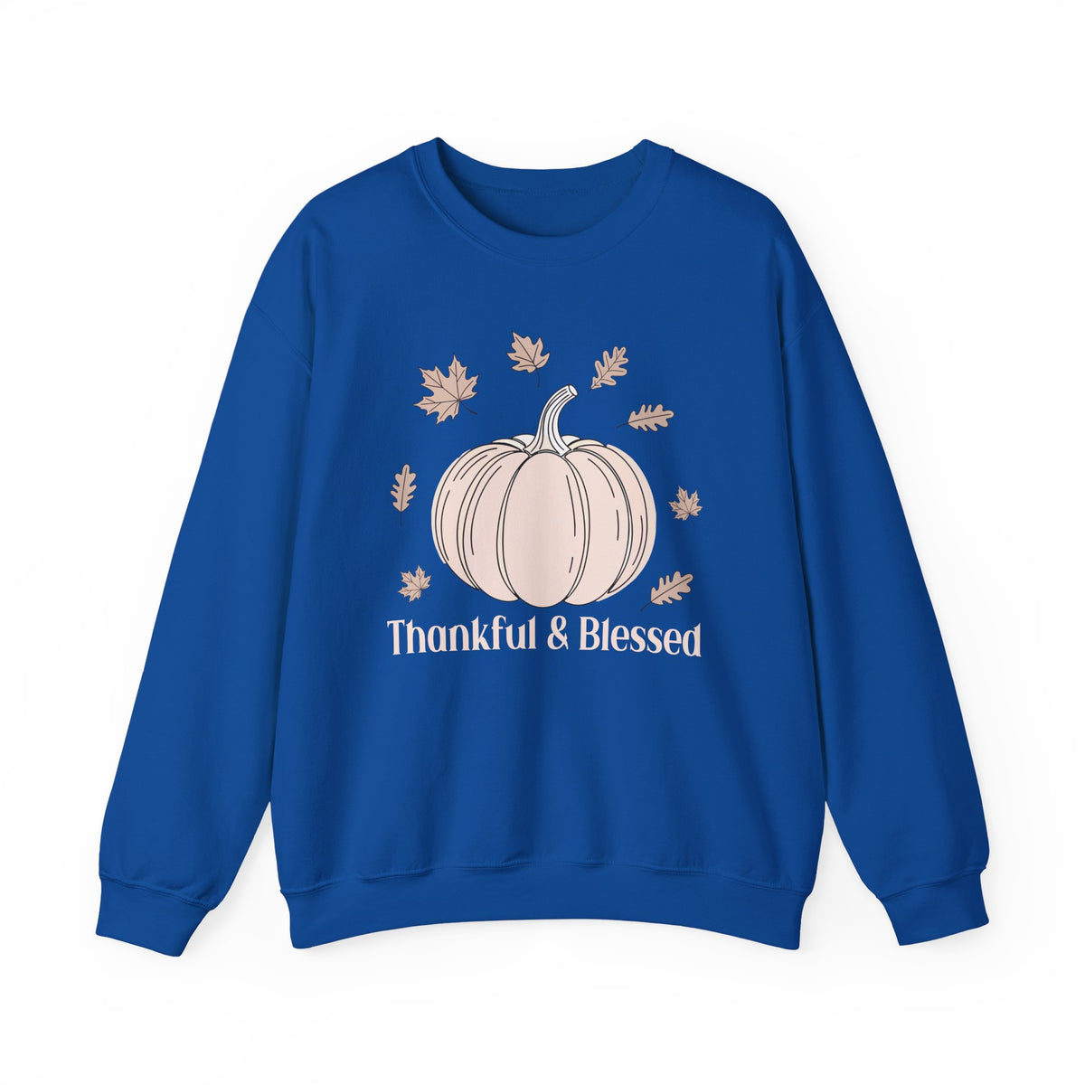 Royal Thankful & Blessed sweatshirt with a cream pumpkin and falling autumn leaves, front view