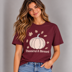 Woman wearing the Maroon Thankful & Blessed Pumpkin T-Shirt with jeans