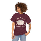 Model wearing the maroon Thankful & Blessed Pumpkin T-Shirt
