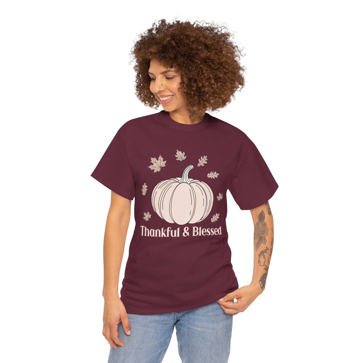 Model wearing the maroon Thankful & Blessed Pumpkin T-Shirt