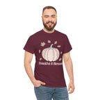 Model wearing the maroon Thankful & Blessed Pumpkin T-Shirt